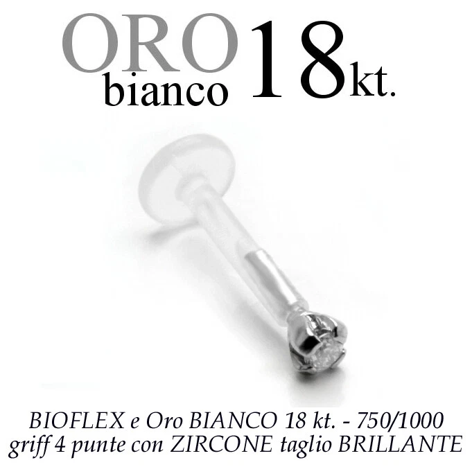Piercing BIOFLEX LABRET TRAGO ORECCHIO zircone oro BIANCO GRIFF