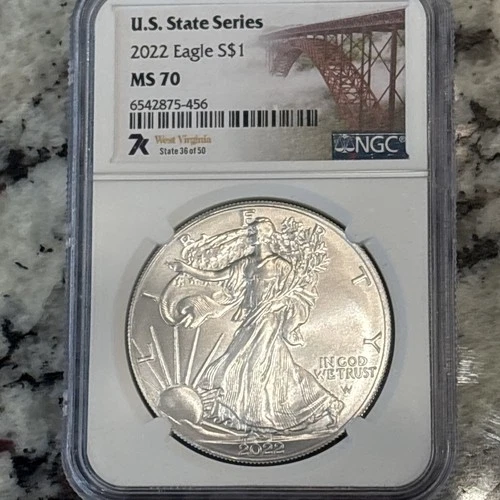 2022 $1 AMERICAN SILVER EAGLE NGC MS70 U.S. STATE SERIES WEST VIRGINIA LABEL