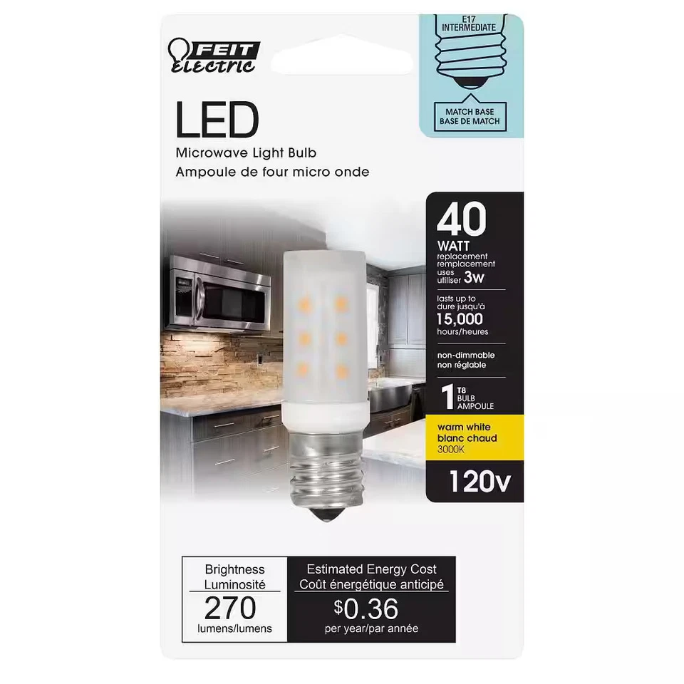 *3 PACK* Feit Electric 40W Eq T8 Intermediate E17 Appliance LED Bulb Warm 3000K - Image 4 of 4