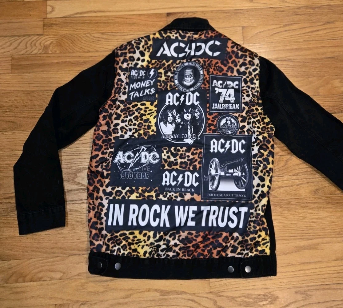 AC/DC Black Denim Leopard Print Album Titles Trucker Jacket Medium - product detail image 1