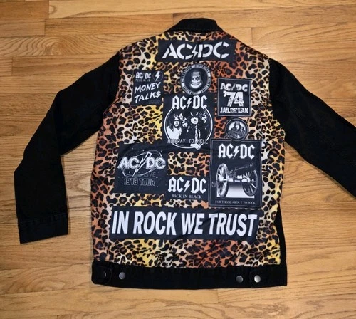 AC/DC Black Denim Leopard Print Album Titles Trucker Jacket Medium video thumbnail