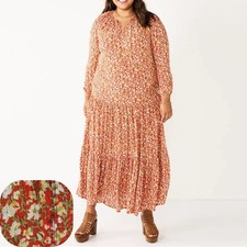 Sonoma Red Ditsy Floral Maxi Dress Size 3X Tiered Long-Sleeve Cottagecore Flowy