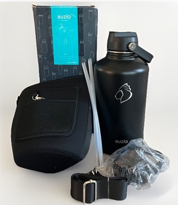 BUZIO 64oz Water Bottle Insulated with Straw & 3 Lid & Carrying Pouch Leak Proof