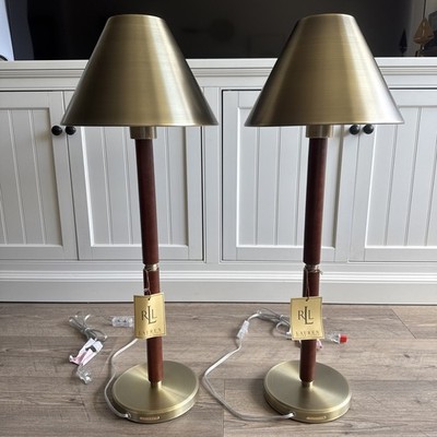 2 Ralph Lauren Home Brass & Leather Candlestick Buffet Lamp 30  Empire Shade NEW