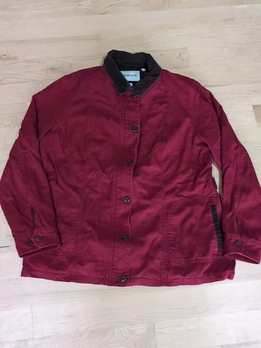 Orvis Chore Barn Coat Button Flannel Lined Corduroy Collar Red Sz XL