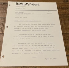 NASA News Release Shuttle Engine Has Third Successful Test April 21, 1980