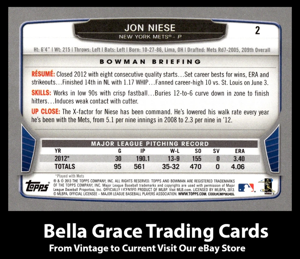 2013 Topps Bowman Jon Niese #2 New York Mets MLB Baseball  - Image 2 of 2