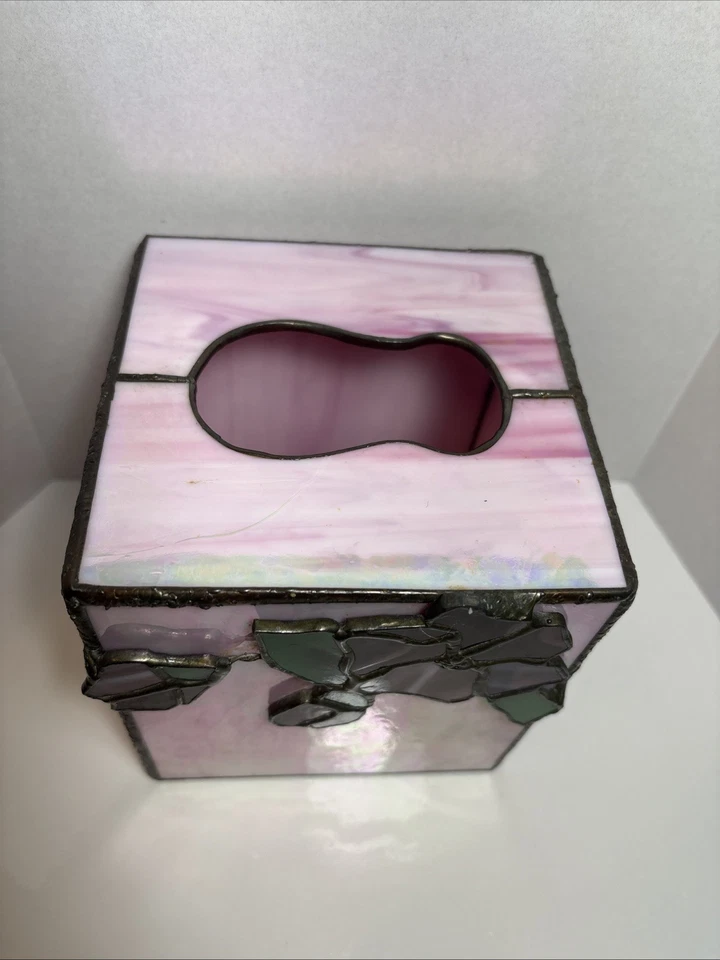 Caja de pañuelos de vitral con plomo cubierta flor hojas florales escoria de colección Foto 4 de 4