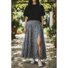 Altar State Floral Maxi Skirt Boho Slit Blue Yellow Size L