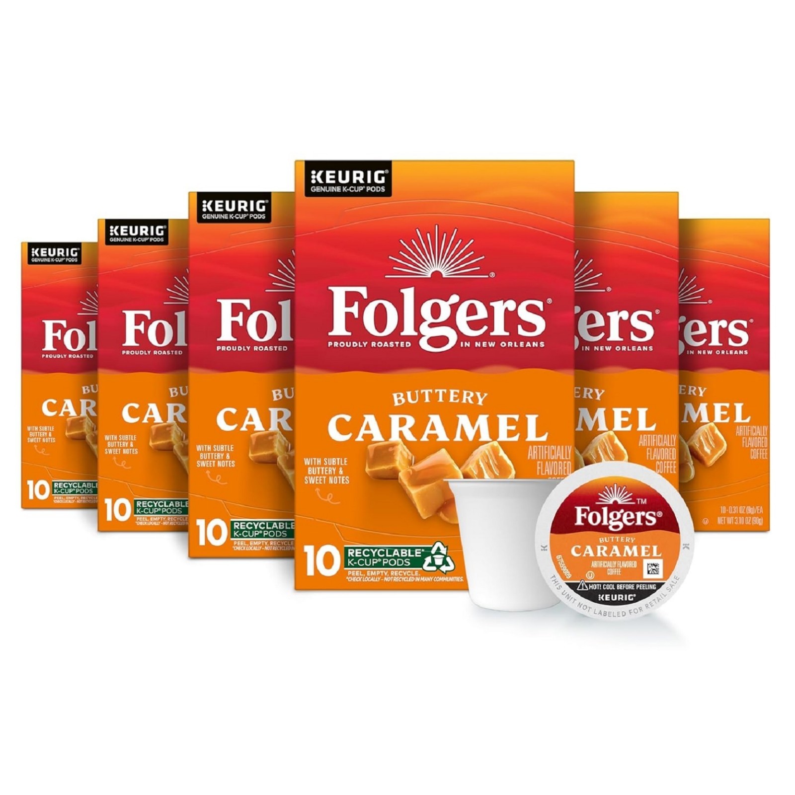 Folgers Buttery Caramel Artificially Flavored Coffee, 10Count Box, 6Pack, Keurig