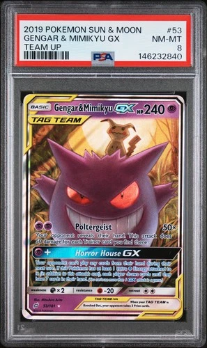 2019 POKEMON SUN & MOON TEAM UP #53 GENGAR & MIMIKYU GX PSA 8