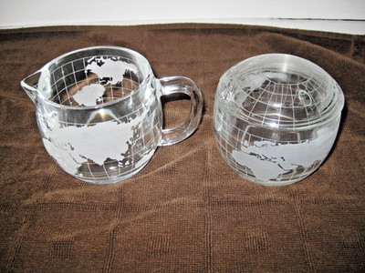 NESCAFE ETCHED WORLD SUGAR BOWL & CREAMER SET MINT CONDITION