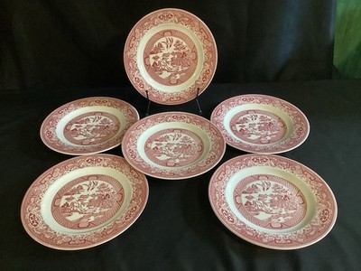 6 Vintage Willow Ware Royal China Red & White Pink 9  Wide Salad Or Dinner Plate