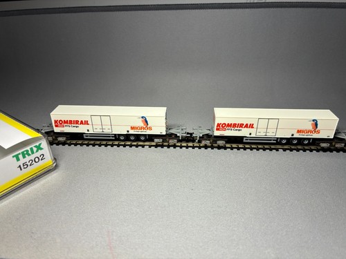 Minitrix 15202 SBB CFF Set 2x Kombirailwagen U mit Auflieger "Migros" Spur N | Condition: Gebraucht