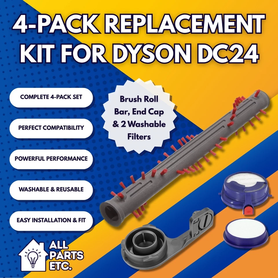 4-Pack Replacement Kit for Dyson DC24 – Brush Roll Bar, End Cap & 2 Filter - Image 2 of 4