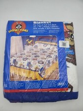 Vintage 1998 Taz Blues Satin Trim Blanket Looney Tunes Warner Bros