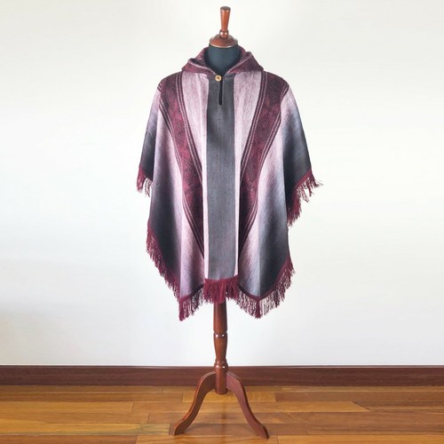 LIGHT BABY ALPACA WOOL HOODED PONCHO FRINGE UNISEX HANDMADE - Picture 2 of 12