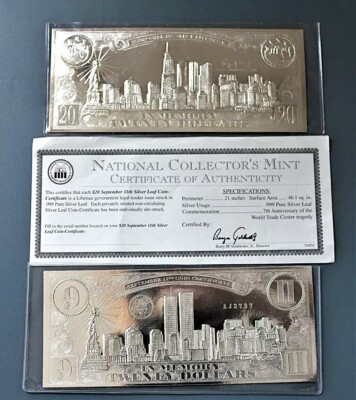 $20 National Mint Collectors 9/11 Commemorative Silver Leaf