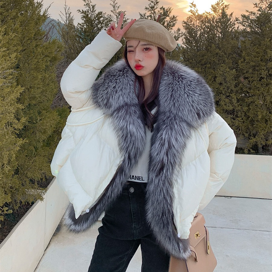 Luxury Real Fox Fur Grass Thicken Down Jacket Women Fox Fur Collar