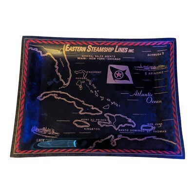 Vintage Eastern Steamship Company Brown Glass Tray Florida & Caribbean Map