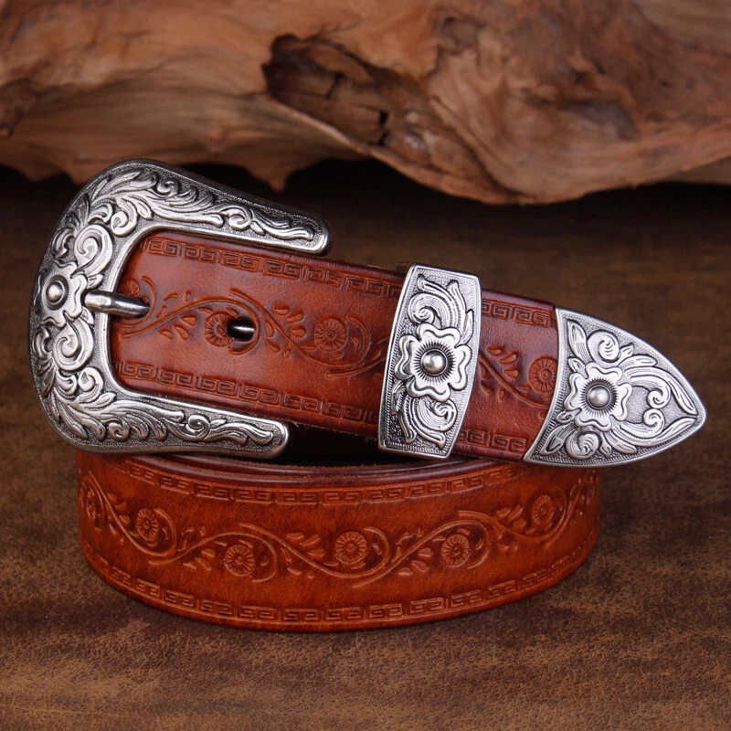 MARKENLOS Vintage Genuine Leather Men Belt Cowhide Punk Metal Buckle Cowboy Western Belts