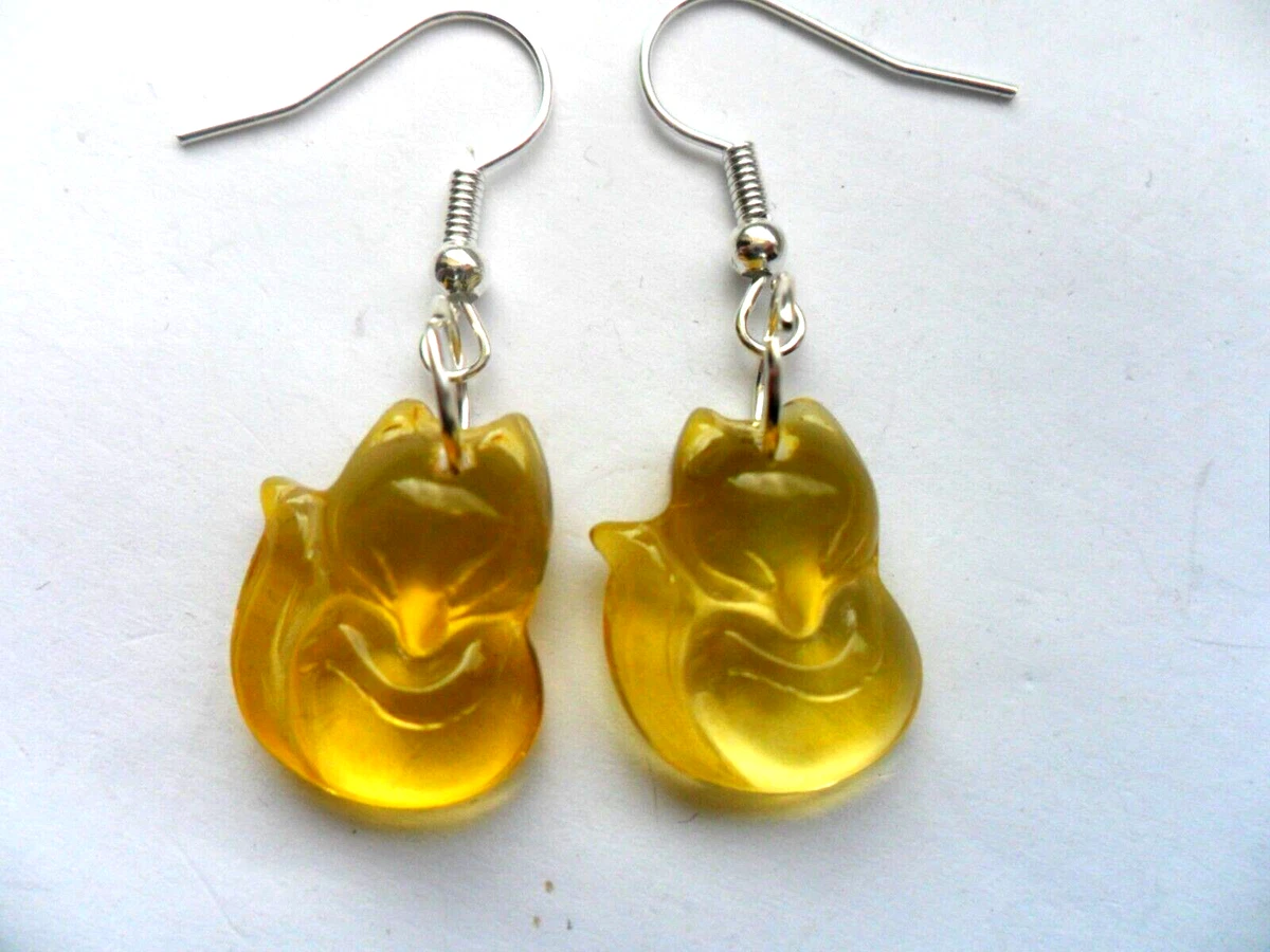 SALE Very Unusual Carved Glass Fox Pair of Earrings 18mm Yellow eBay