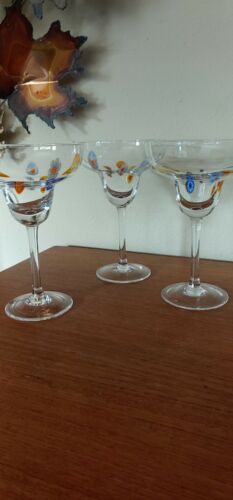 Set Of 3 Millefiori Hand Blown Margarita Glasses 7 3/8