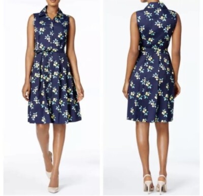 Charter Club Lemon Print Collared Button Down Shirt Dress Pleated Dark Blue  Sz 4 | eBay