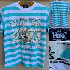 Vintage Winter Fun T-Shirt Striped  c 1988 Zoo Crew (koala, skiing) L 1980s 80s