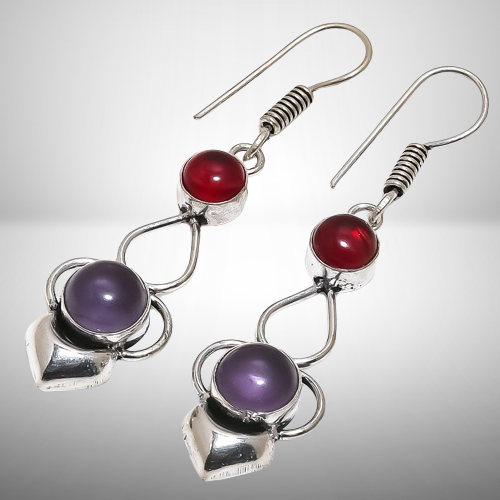 Amethyst, Granat Edelstein 925 Sterling Silber Handarbeit Ohrring 2,29" H214 - Bild 3 von 8