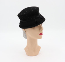 Vintage Black 100 Wool Hat w/ Bow, Beads, 50s Cap, Glenover Henry Pollack Inc