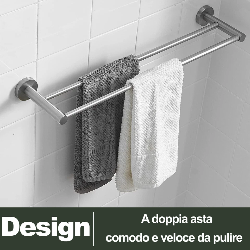 PORTASCIUGAMANI DA PARETE A DOPPIA ASTA 61 CM ARGENTO DESIGN MODERNO MOD:00252 - Immagine 4 di 4
