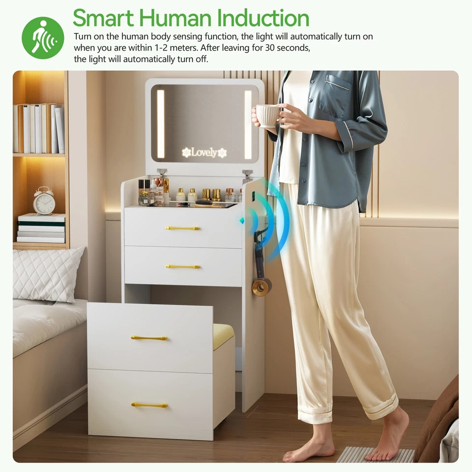 Tocador 3 en 1 con taburete acolchado tocador con espejo abatible Foto 2 de 4