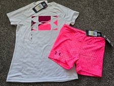 Under Armour logo top  bike shorts pink white NWT girls' M YMD