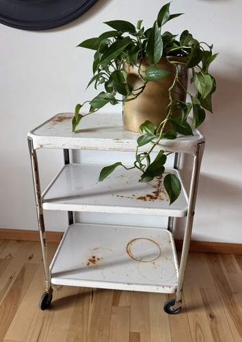 Vintage MCM Metal 3 Tier COSCO Rolling Kitchen Utility Bar Cart White W/ Wheels