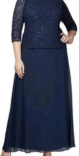 Alex Evenings Navy Lace Sequins Chiffon Dress Plus Size 14W Mother of the Bride