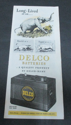Delco Batterien amerikanische Werbung mit einem Elefanten, Löwen und Nashorn 40er Jahre