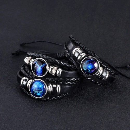 12 Zodiac Sign Leather Bracelet Luminous Vintage Wrap Bangle Gift for Men Women - Picture 5 of 17
