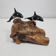John Perry Orca Killer Whale Pair Figurines Burl Wood Art Sculpture