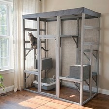 Gray Wooden Catio Outdoor Pet Enclosure With Waterproof Top, Spacious Cat House