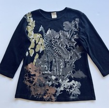 Jess & Jane Size S (Can Fit M) Black Africa Print 3/4 Slv Crew Made In USA Y2K