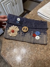 Vtg 70s Handmade Crochet Knit Clutch Bag Blue Boho Woven