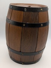 Vintage Wooden Barrel Money Box with Stopper Metal Trim Mid Century Retro