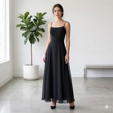 90s Black Chiffon Prom Dress Floral Embroidered Whimsigoth Evening Gown Sz 9/10