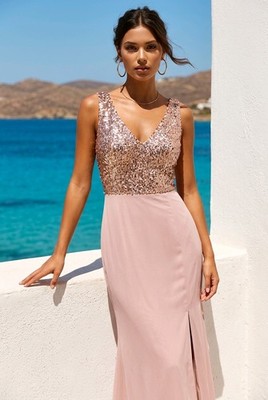Coast Rose Gold Sequin Maxi Dress Size 12 Blush Pink Deep V Formal Evening Gown