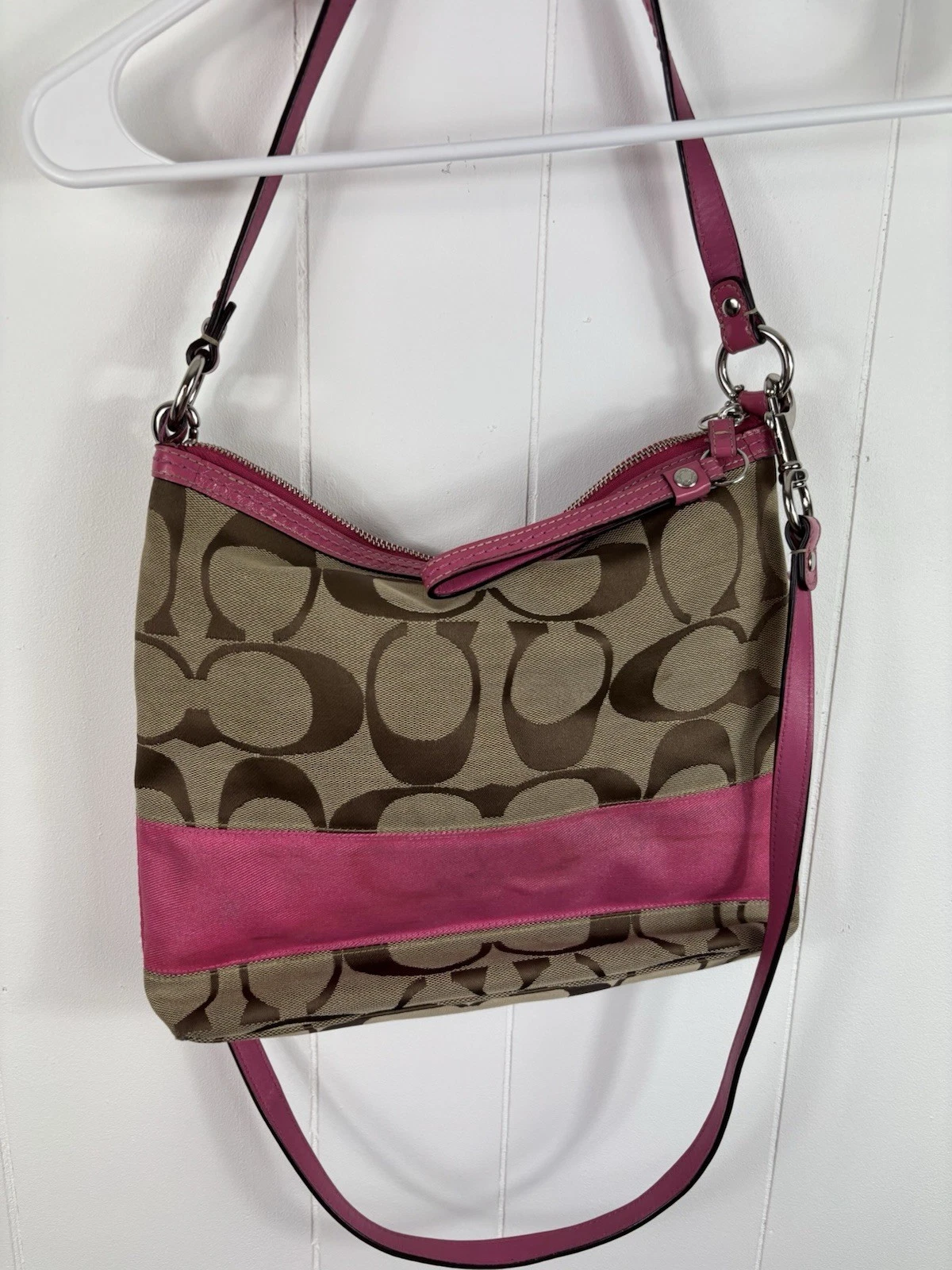 Borsa a tracolla Coach Signature marrone tela rosa righe chiusura cerniera vintage Y2K