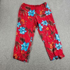Vintage Hawaiian Pants 12/14P Red Floral Hibiscus Tropical Beach Lounge Pull On