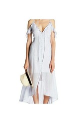 ASTR Light Blue Striped Button-Front Midi Dress Off The Shoulder Lined Rayon: M