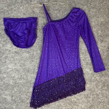 Kelle Large Child Purple One Sleeve Dance Costume Set Fringe Jazz Halloween USA