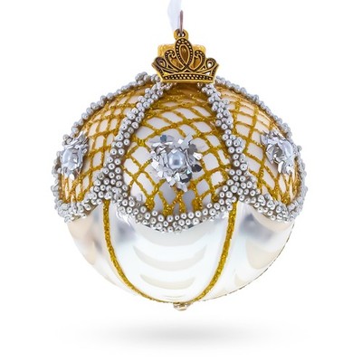 Gold Lattice with Pearls and Silver Accents Glass Ball Ornament